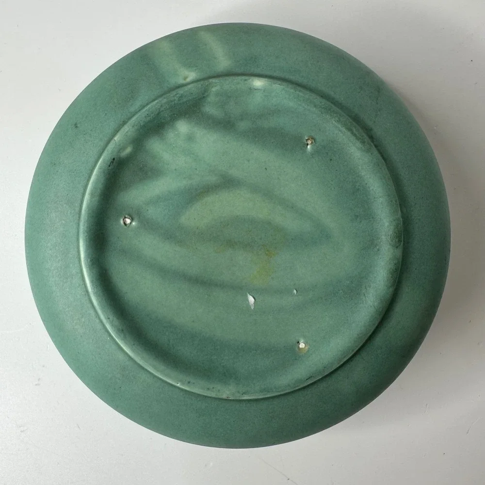 2 Art‎ Pottery Matte Green Low Profile Round Vases MCM Style Unmarked 2